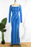 Blauwe casual print rugloze split vierkante kraag jurken met lange mouwen