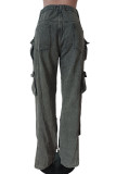 Hellblaue, lässige, solide, zerrissene College-Jeans mit hoher Taille und Patchwork-Taschen