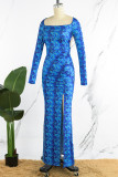 Blauwe casual print rugloze split vierkante kraag jurken met lange mouwen