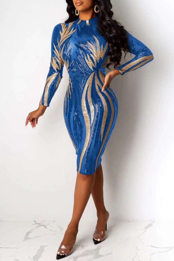 Blå Mode Sexiga Patchwork Paljetter Genomskinliga O-hals långärmade klänningar