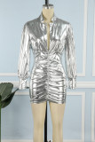 Silver Sexy Street Solid Patchwork Pleated V Neck Pleated Dresses(No Boots)