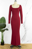 Бордовые элегантные однотонные лоскутные платья с разрезом U-образным вырезом и длинными рукавами