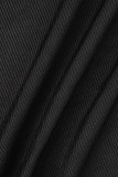 Zwarte elegante effen patchwork-jurken met U-hals en lange mouwen