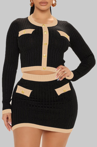 Black Apricot Sexy Solid Patchwork Buckle Buttons O Neck Long Sleeve Two Pieces