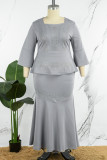 Grey Elegant Solid Hot Drill Square Collar Plus Size Two Pieces