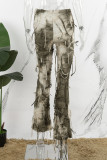 Abrikoos Casual print tie-dye kwastje skinny hoge taille conventionele broek met volledige print