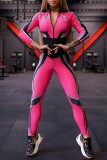 Rosa sportkläder Tryck Patchwork Dragkedja Krage Skinny Jumpsuits