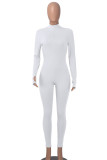 Weiße, lässige, einfarbige, schmale Jumpsuits mit Patchwork-Reißverschluss und O-Ausschnitt