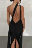 Schwarze sexy feste rückenfreie Schlitz-Halter-lange Kleid-Kleider