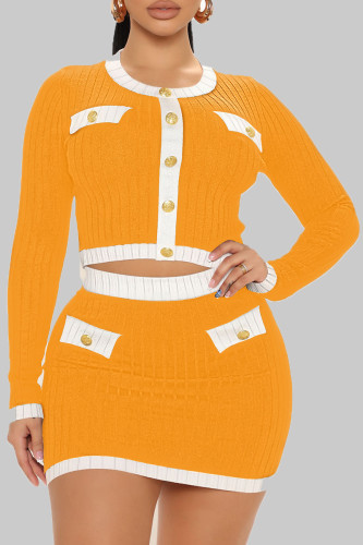 Yellow Sexy Solid Patchwork Buckle Buttons O Neck Long Sleeve Two Pieces