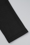 Vestidos pretos elegantes de manga comprida com fenda em patchwork sólido e decote em U