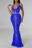 Blauwe sexy patchwork hete boren rugloze lange jurk met spaghettibandjes