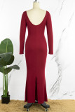 Bordeauxrode elegante effen patchwork-jurken met U-hals en lange mouwen