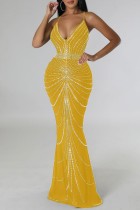 Geel sexy patchwork heet boren rugloze spaghetti band lange jurk jurken