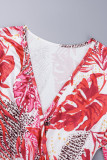 Rode casual print Frenulum V-hals jurken met lange mouwen