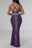 Фиолетовое сексуальное лоскутное длинное платье с открытой спиной и бретельками