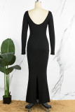 Schwarze, elegante, solide Patchwork-Kleider mit Schlitz und U-Ausschnitt und langen Ärmeln