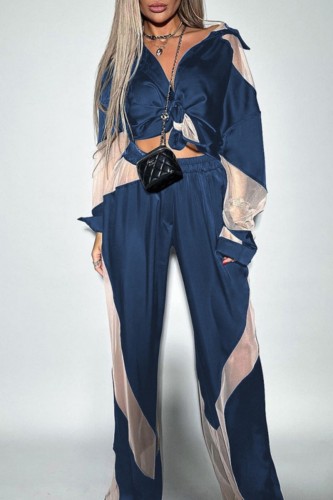 Blue Casual Patchwork See-through Contrast Turndown Collar Long Sleeve Two Pieces