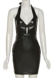 Black Sexy Solid Bandage Backless Halter Sleeveless Dress Dresses
