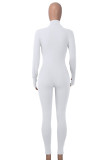 White Casual Solid Patchwork Zipper O Neck Skinny Jumpsuits
