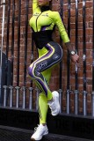 Gröna sportkläder Print Patchwork Dragkedja Krage Skinny Jumpsuits
