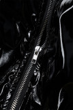 Black Casual Patchwork Contrast Zipper Collar Outerwear