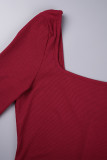 Khakifarbene, elegante, solide Patchwork-Kleider mit Schlitz und U-Ausschnitt und langen Ärmeln