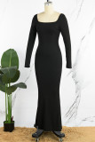 Vestidos de manga larga con cuello en U y abertura en color negro elegante de retazos lisos