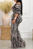 Black And White Casual Striped Print Patchwork V Neck Half Sleeve Two Pieces