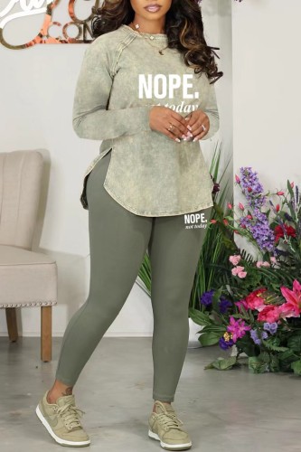 Green Casual Letter Print Basic O Neck Long Sleeve Two Pieces