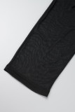 Macacão preto sexy casual sólido patchwork transparente com decote em V plus size