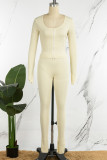 Apricot Casual Solid Patchwork O Neck Long Sleeve Two Pieces (Underwear Not Included)