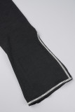 Schwarze Sexy Street Solid Patchwork Schlitz Reißverschluss Quadrat Kragen Langarm Kleider