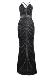 Черное сексуальное лоскутное горячее сверление с открытой спиной на бретельках длинное платье платья