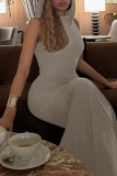 Grey Casual Solid Slit Hooded Collar Long Dress Dresses