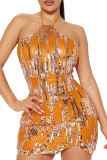 Orange Sexy Solid Sequins Patchwork Hot Drill Halter Wrapped Skirt Dresses