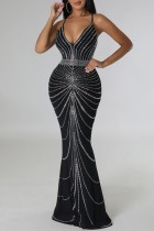 Zwarte sexy patchwork hete boren rugloze lange jurk met spaghettibandjes
