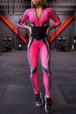 Rosafarbene Skinny-Overalls mit Patchwork-Reißverschlusskragen im Sportswear-Print
