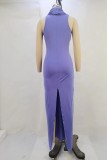 パープル カジュアル ソリッド スリット フード付き カラー ロング ドレス ドレス