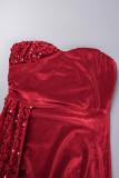Rote sexy feste Pailletten Patchwork rückenfreie Schlitz trägerlose lange Kleider