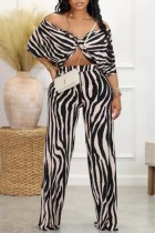 Black And White Casual Striped Print Patchwork V Neck Half Sleeve Two Pieces Front Tie Crop Tops And Pants Sets