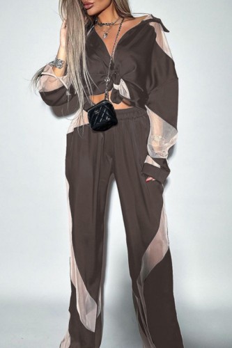 Brown Casual Patchwork See-through Contrast Turndown Collar Long Sleeve Two Pieces