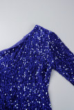 ブルーのセクシーなパッチワーク スパンコール バックレス斜め襟不規則なドレス ドレス