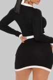Black Apricot Sexy Solid Patchwork Buckle Buttons O Neck Long Sleeve Two Pieces