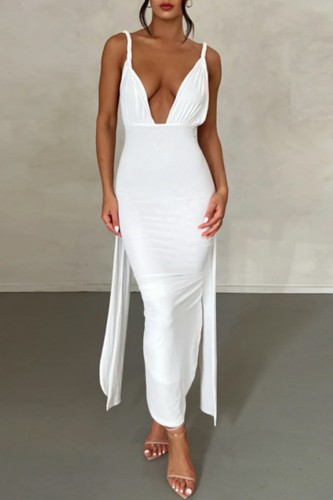 White Sexy Solid Backless Slit Halter Long Dress Dresses