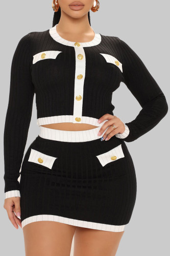 Black Sexy Solid Patchwork Buckle Buttons O Neck Long Sleeve Two Pieces