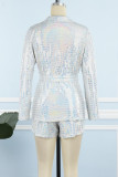 Silver Sexy Bronzing Bandage Patchwork Turndown Collar Long Sleeve Two Pieces
