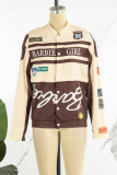 Brown Street Letter Print Patchwork Pocket Buckle Buttons Printing Mandarin Collar Long Sleeve Two Pieces(Detachable)