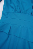 Pfauenblaues, sexy, solides Patchwork-Bleistiftrock-Kleid mit Reißverschluss und V-Ausschnitt