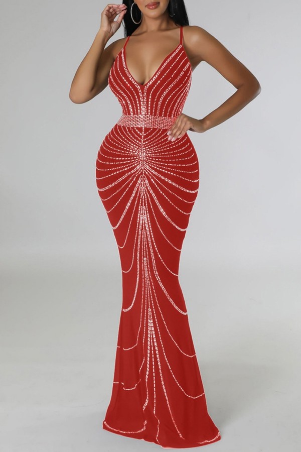 Bordeaux sexy patchwork heet boren rugloze spaghetti-band lange jurk jurken